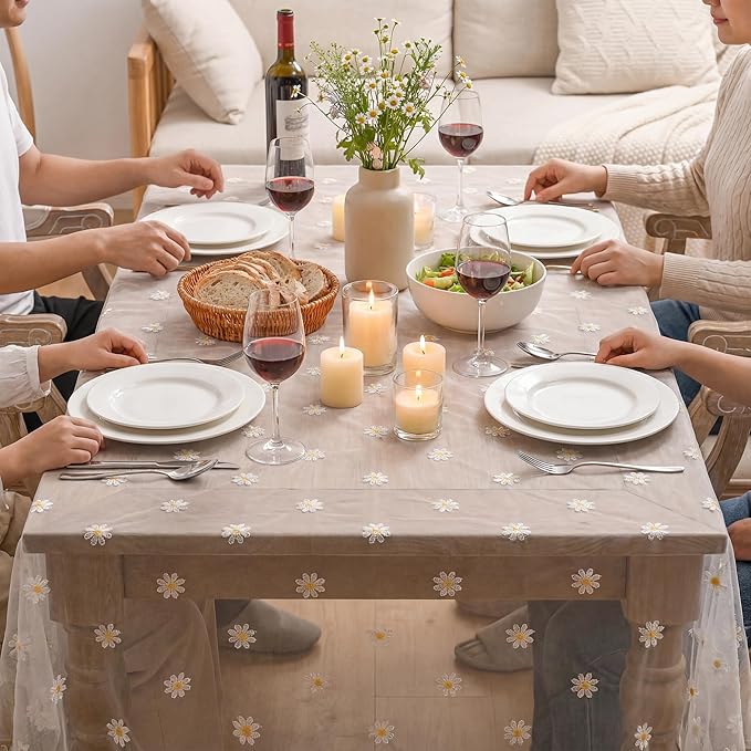 Horaldaily White Embroidery Daisy Spring Summer Gauze Tablecloth 60×104 Inch Rectangular, Seasonal Tulle Table Cover, Garden Party Decorations for Wedding, Party, Holiday Dining