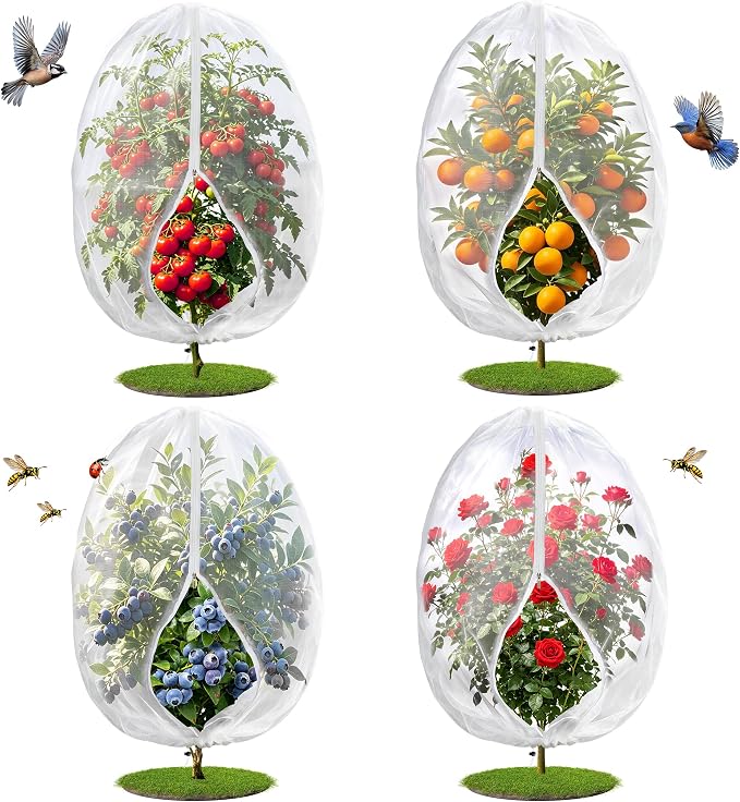 4PCS 4Ft × 5Ft Fruit Tree Netting with Zipper and Drawstring, 60 Mesh Thickened Garden Bird Netting for Blueberry Bushes, Fruits, Vegetables, Insect Bird Barrier Mesh Protective Cover