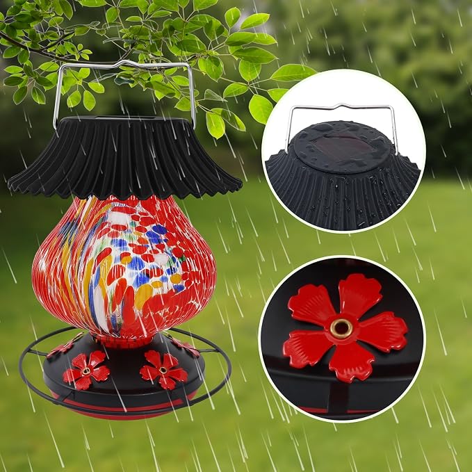 Solar Glass Hummingbird Feeder for Outdoors- 26 fl.oz Best Solar Hummingbird Feeders- 5 Feeding Ports with Perch - Wasp Leak Proof- Perfect Hand Blown Glass Color Changing for Outdoors Hanging (Red)