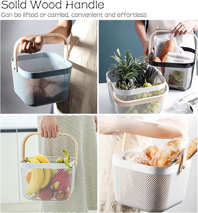 2 Pack Metal Picnic Baskets,Garden Basket,Metal Mesh Garden Harvest Basket with Foldable Wooden Handle,Storage Organizer Basket Hanging Kitchen Baskets Fruit Basket