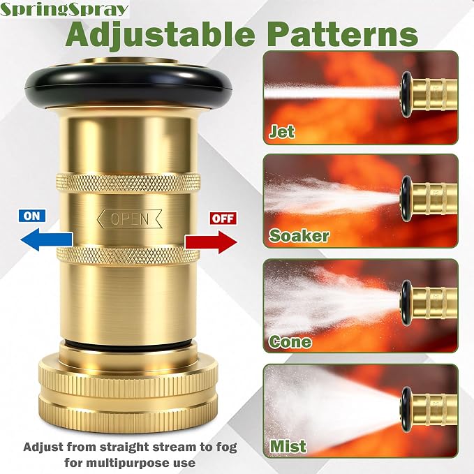 1-1/2" NPSH/NPT Brass Fire Hose Nozzle, Heavy Duty Adjustable Spray Jet Fog Nozzle, Constant Flow Industrial Firefighter Nozzle, 85 GPM, 100 PSI
