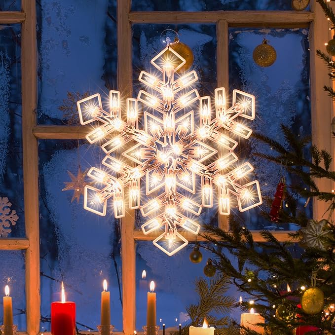 Christmas Window Silhouette Lights, Lighted Snowfalke Double Sided Decorations with 50 Count Incandescent Mini Light for Holiday Indoor Wall Door Glass Decor