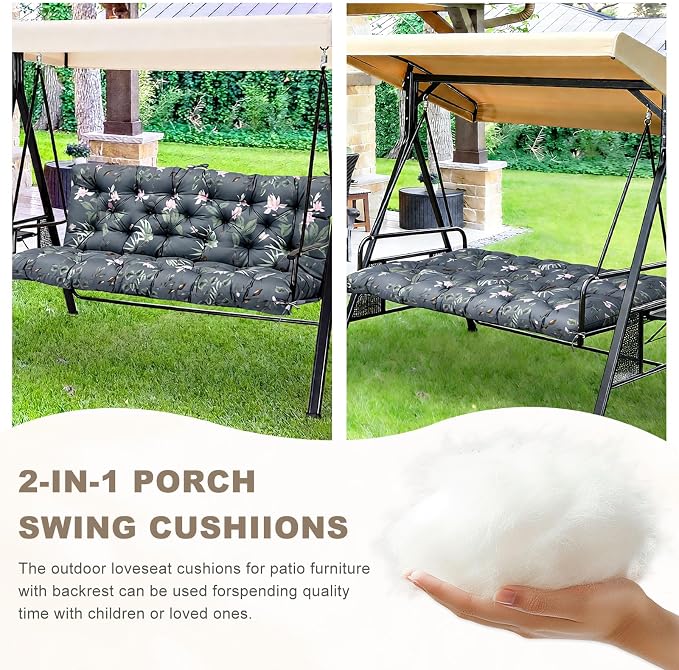 Porch Swing Cushion with Backrest,Waterproof Bench Cushion for Outdoor Furniture,2-3 Seater Replacement Thickened Swing Cushion with Ties,Patio,Outdoor,Backyard and Garden (Tropical Blossom,60x40")