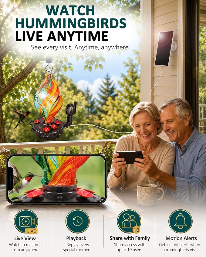LUJII Smart Hummingbird Feeder with Camera for Outdoor Hanging, Hand Blown Glass, Solar WiFi Feeder with Live View App, 6 Feeding Ports, Leak-Resistant Design, Ant Moat & Gift Box, 28 fl oz, Ribbion