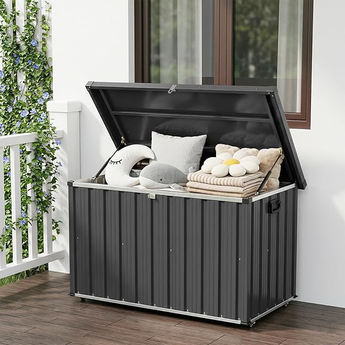 Metal Deck Box 200 Gallon Waterproof Patio Storage Container, Metal Outdoor Storage Box with 0.6 mm Galvanized Steel and 0.3 mm Coated Steel Panels, Large Bin with Wheels for Deck, Porch, Pools