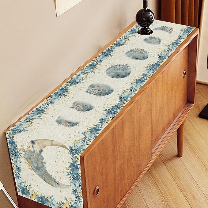 Floral Moon Table Runner, Boho Spring Blue Flower Leaves Seasonal Mystical Gothic Moon Phase Coffee Table Center Decor for Family Party Kitchen Outdoor Farmhouse Wedding Table Decorations, 13" X 72"