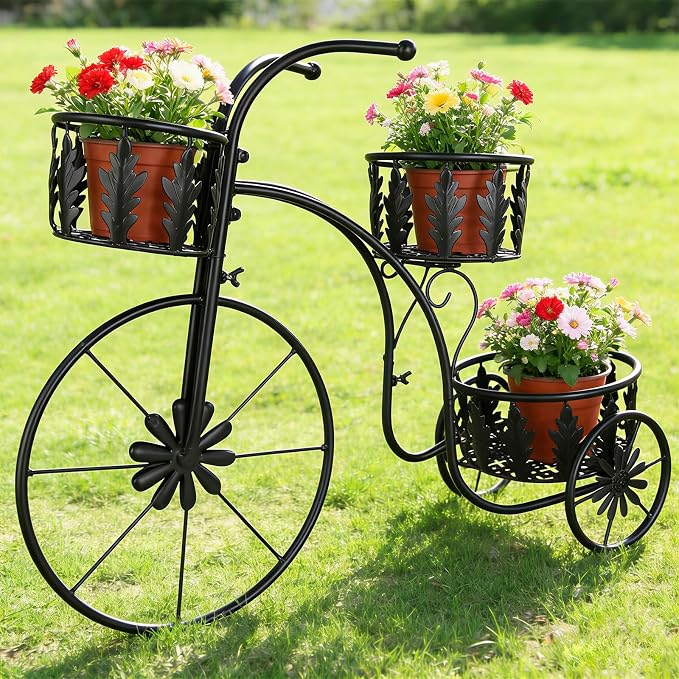 Metal Bicycle Planter Stand, 3 Tier Flower Pot Stand Cart with 3 Plant Buckets, Outdoor Garden Decorative Planter for Yard Patio Lawn Flower Shop Home Decor (Black)