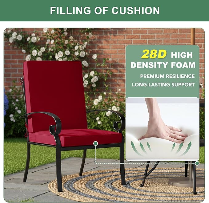 Summsun Patio Dining Seat Cushions, High Back Outdoor Chair Cushion with Water Resistant Removable Covers, Ties, Non-Slip Bottom for Garden Lawn Patio Furniture, 44 x 20 Inch, Burgundy, Set of 4