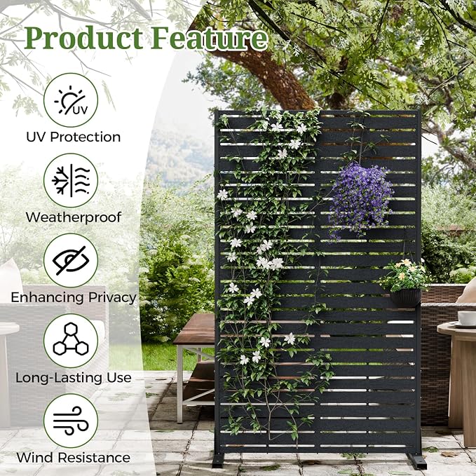 Privacy Screen Outdoor 60" Hx35 W Freestanding Privacy Panel with Stand, HDPE Decorative Privacy Fence with Sandblasting Louver Pattern 5 Panels, Patio Divider Privacy Screens for Outside