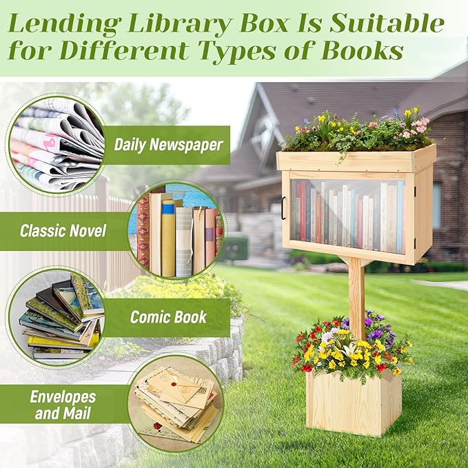 Wonderjune Wooden Little Library Box Outdoor Free Library Box Storage with Floor Plugs and Small Flower Fence for DIY, Neighborhoods, Community, Schools Sharing Books, Newspapers