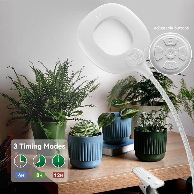 Grow Lights for Indoor Plants Full Spectrum, Clip On Plant Light for Small Plants, Plant Lamp with Adjustable Gooseneck, 4/8/12H Timer, 3 Color Adjustable & 10 Dimmable Brightness, Remote Control