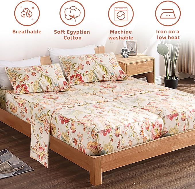 QSH 100% Egyptian Cotton Floral Sheets for Split King Size Bed, Red Yellow Flowers Plant Pattern Botanical Printed Bedding Deep Pockets 17" Soft and Breathable 4pcs