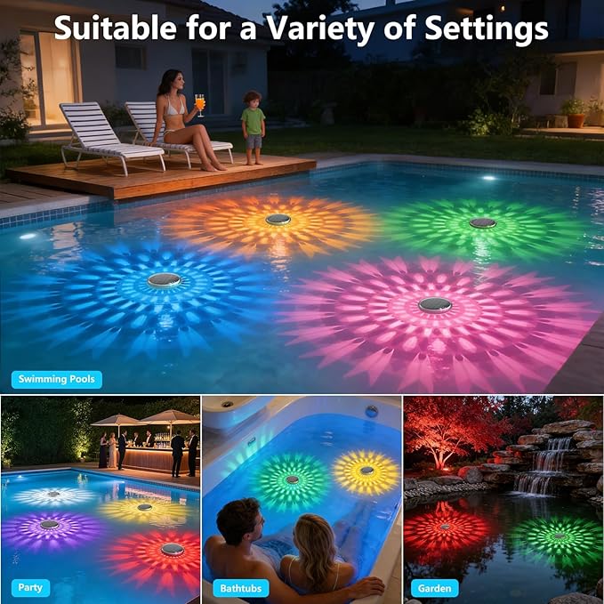 Solar Powered Floating Pool Lights(4 Pack), Pool Lights That Float with Remote Control, 12 Lighting, Timing Mode, IP67 Waterproof for Inground/Above Ground Pool, Pool Party, Bathroom, Bathtub, Garden