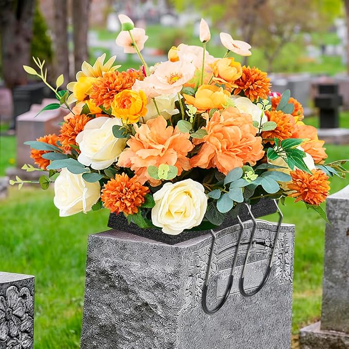 4 Pack Headstone Flower Saddle 12 Inch Cemetery Saddles with Floral Foam Wire Rustproof Galvanized for Grave Headstone Cemetery Floral Decorations(Black, Large)