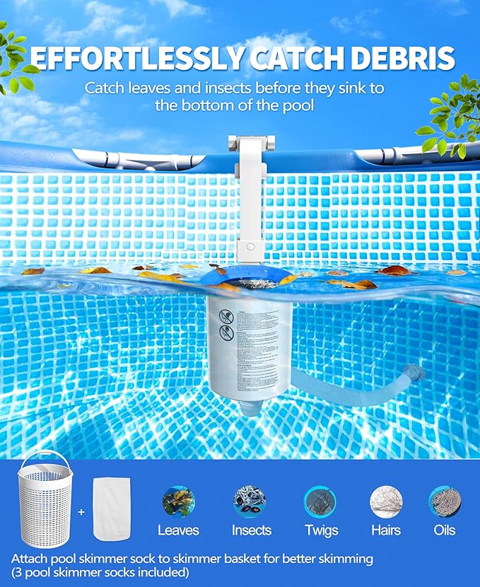 DeeprClean Upgrade Above Ground Pool Skimmer Comes with 3 Socks, Anti-tilt Wall Mount Surface Skimmer, Removable Skimmer Basket, Adjustable Height Bracket, Auto Skimming Pool Surface Leaves - White
