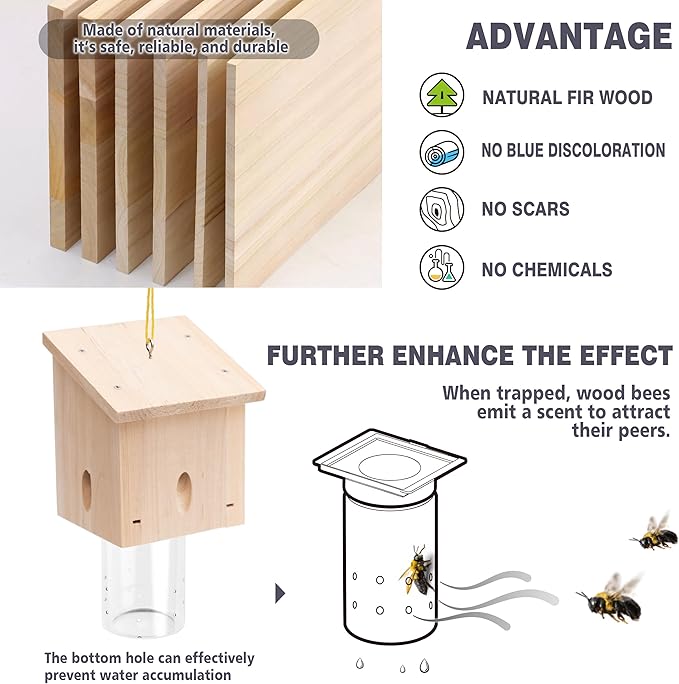 Carpenter Bee Trap for Outside - Pentroof Style Nature Hanging Wood Carpenter Bee Traps Outdoor - Best Bee Trap - Insect Traps with Removable Vault (2 Pack)