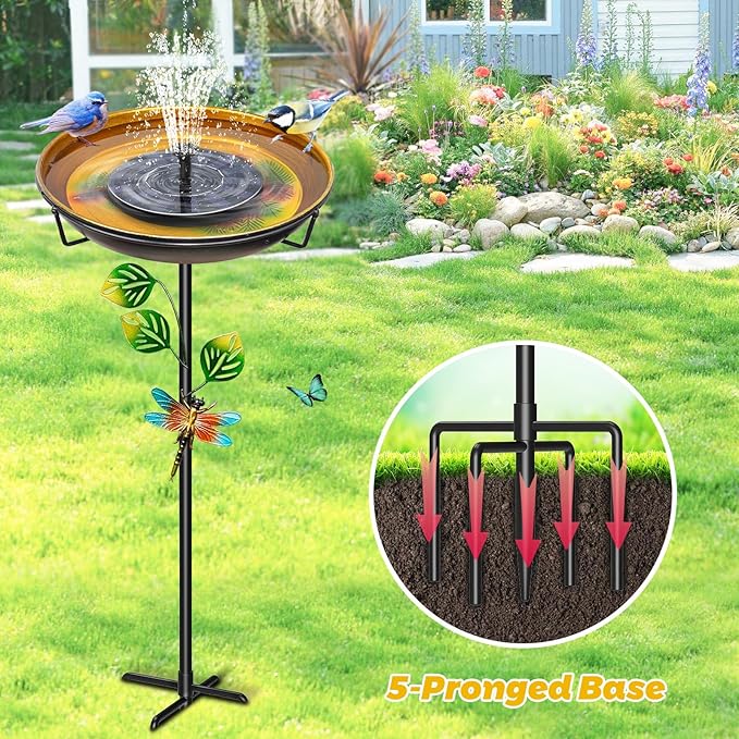 Metal Bird Bath for Outside, Freestanding Garden Birdbaths & Birdfeeder with Upgraded 5 Prongs Base, 35.4In Bird Baths Feeder Water Bowl for Outdoors Patio Yard Lawn Art Decor (Orange-Yellow)