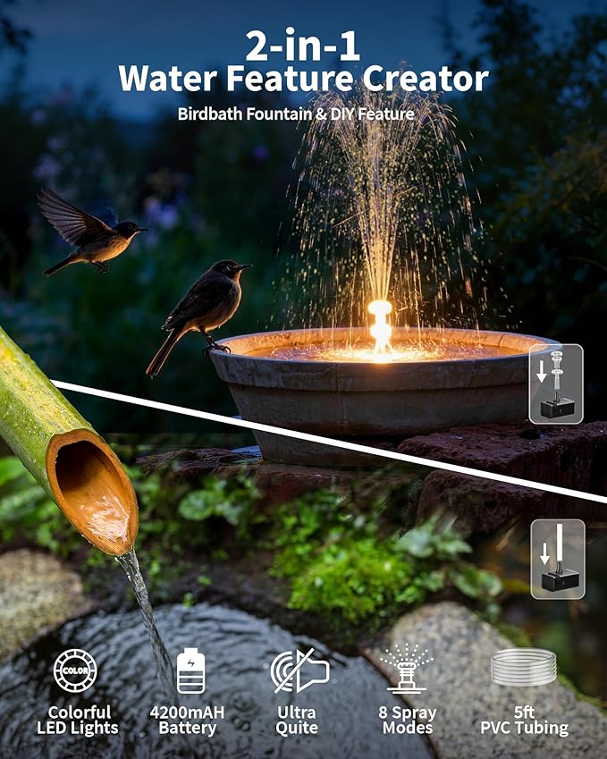 POPOSOAP 12W Solar Fountain Pump Built-in 4200mAh Battery Backup, LED Colorful Lights & Remote Control, Solar Powered Pond Pump for Bird Bath, Fish Tank, Outdoor Garden Water Features P112DL