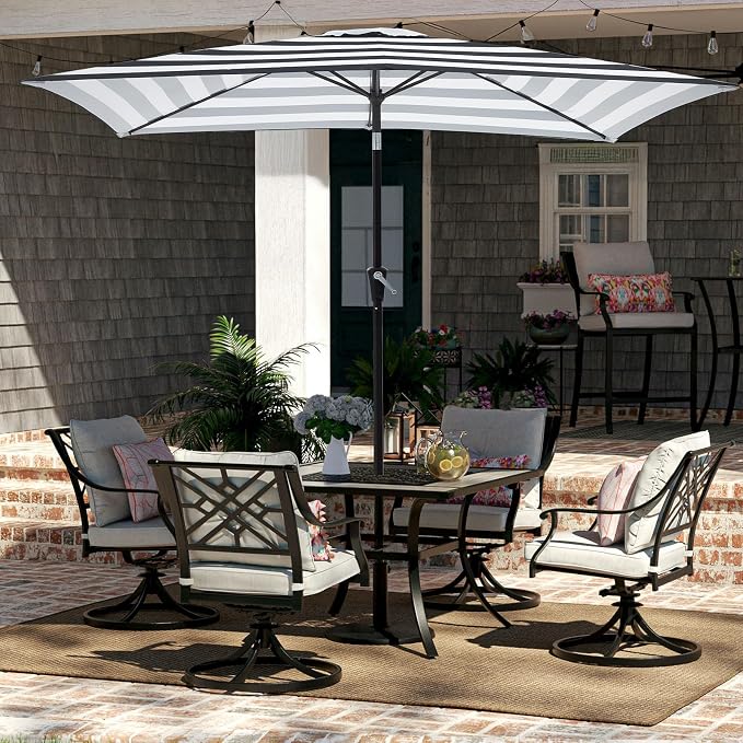 JEAREY 6.5x10 ft Rectangular Patio Umbrellas Rectangle Outdoor Umbrella with Push Button Tilt and Crank, Market Table Umbrella 6 Sturdy Ribs UV Protection for Poolside Garden Backyard Deck, Black-White Stripe