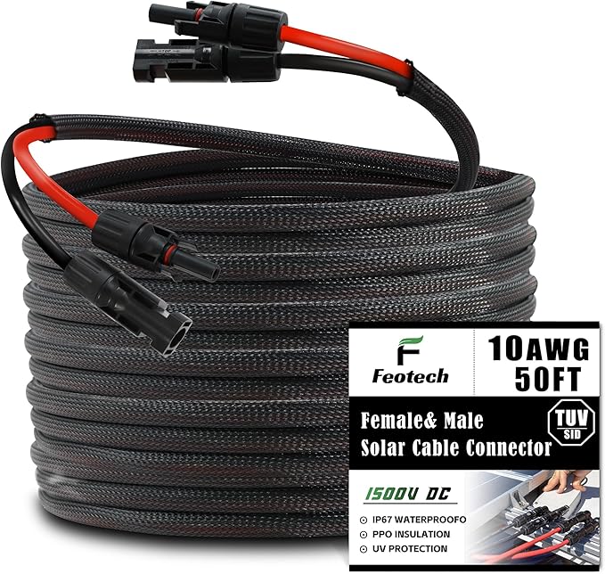 Twin Wire 50FT Solar Extension Cable - 10AWG (6mm) Black & Red with IP67 Solar Panel Connectors for Outdoor & Marine Use
