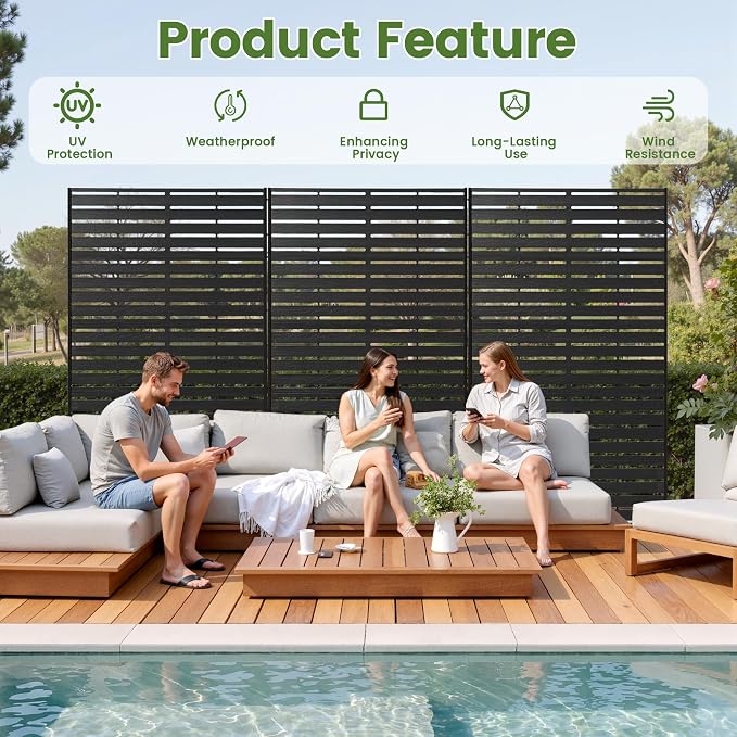 Outdoor Privacy Screen 60" H HDPE Decorative Panel Freestanding Privacy Fence with Stand, Privacy Screens with Louvered 5 Panels, Weather-Resistant Panel Fence for Patio, Balcony, Pool, Black