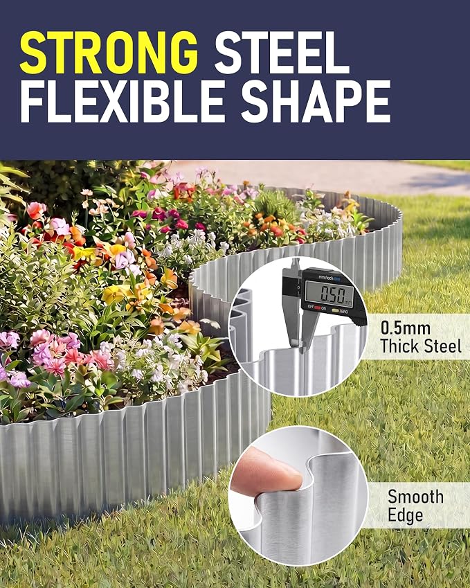 Corrugated Metal Garden Edging, 6"×40Ft Durable Landscape Border for Garden, Lawn, Flower Beds and Paver Edging (Gun Silver)