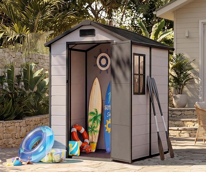 4x6 ft Outdoor Storage Shed with Floor, Plastic Resin Garden Shed with Window & Lockable Door, Tool Shed for Patio, Backyard, Lawn Mower, Bike Storage