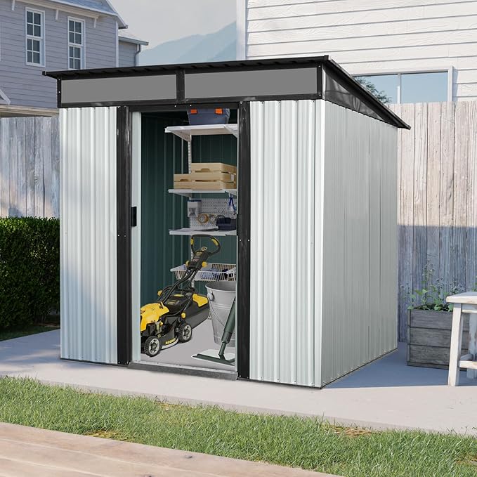 Ball & Cast 6x5 FT Outdoor Metal Storage Shed,Waterproof Garden Organizer Tool House with Lockable Sliding Doors and Transparent Plate,Aluminum Backyard Cabinet W/Ventilation,for Bike,White+Black