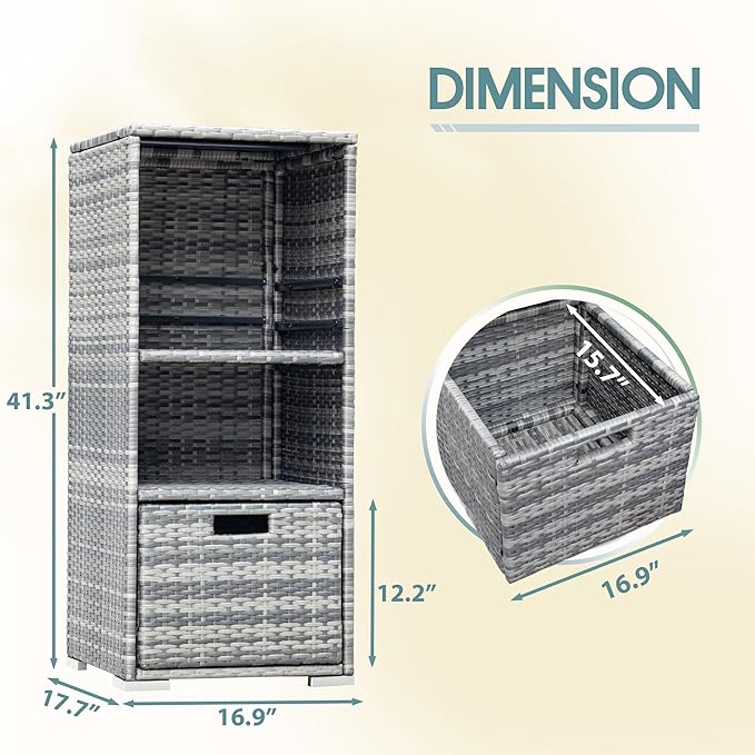 Devoko Outdoor Pool Towel Rack Patio Waterproof Rattan Wicker Storage Cabinet Shed with Shelves & Drawer (Grey)