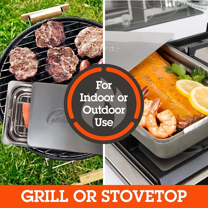 Camerons Large Stovetop Smoker - Stainless Steel BBQ Smoker Box w/Hickory & Oak Wood Chips & Recipe Guide - Indoor Outdoor Use on Any Heat for Smoking Meats, Veggies & Seafood - Grilling Gift for Men