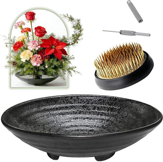 Eggone Japanese Ikebana Kit Floral Frog Flower Container with Kenzan Needle Straightening Tool (Large Tripod Bowl)
