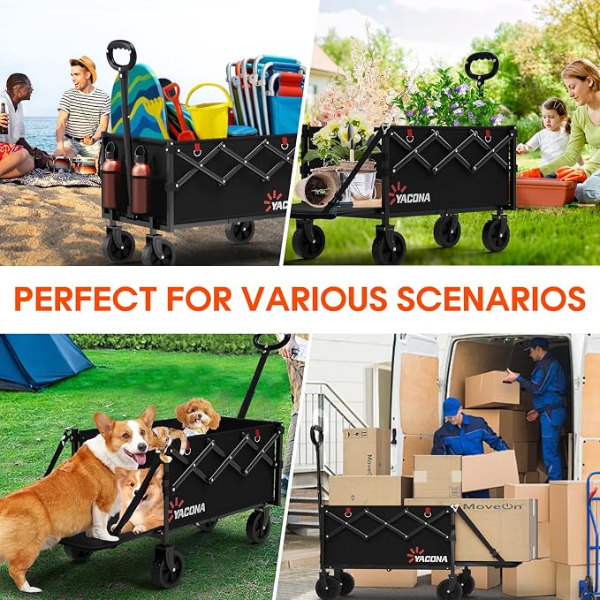 Yozoia 360LBS Heavy-Duty Wagons Carts Foldable 120L Collapsible Wagon Cart with Wheels and Tailgate, Folding Utility Wagon Carts for Groceries, Outdoor Camping, Shopping, Beach, Garden