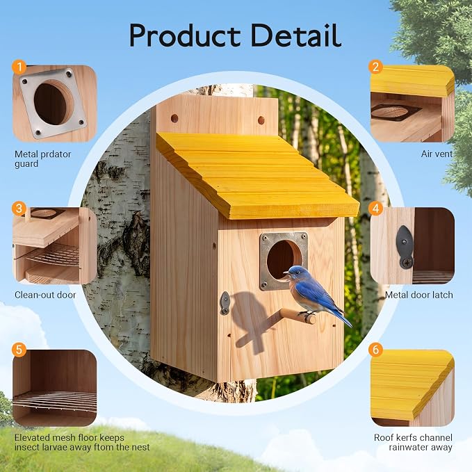 Marsui 4 Pcs Wood Bird Houses for Outside Blue Bird Houses Set with Pole Swallow Birds House with Metal Guards, Safety Locks, Flight Slots, & Ventilation for Bluebirds, Wrens, Finches