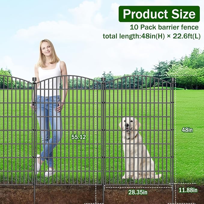 10 Panels No Dig Decorative Garden Fence with Gate - 48 in (H) x 22.6 ft (L), Dog Fence Outdoor for Yard, Rustproof Metal Animal Barrier Ground Stakes Fencing for Garden, Patio, Flower Bed