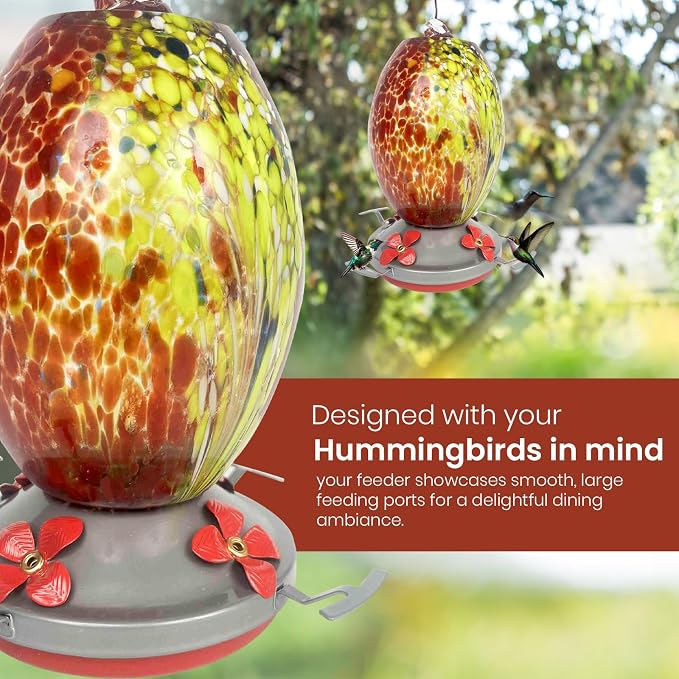 Nature Gear Glass Hummingbird Feeder for Outdoors, Hanging Bird Feeder with Ant Moat, Hand-Blown Glass Garden Feeder, Easy Clean Wide Mouth, Rust Resistant, 38 oz, Volcano Red