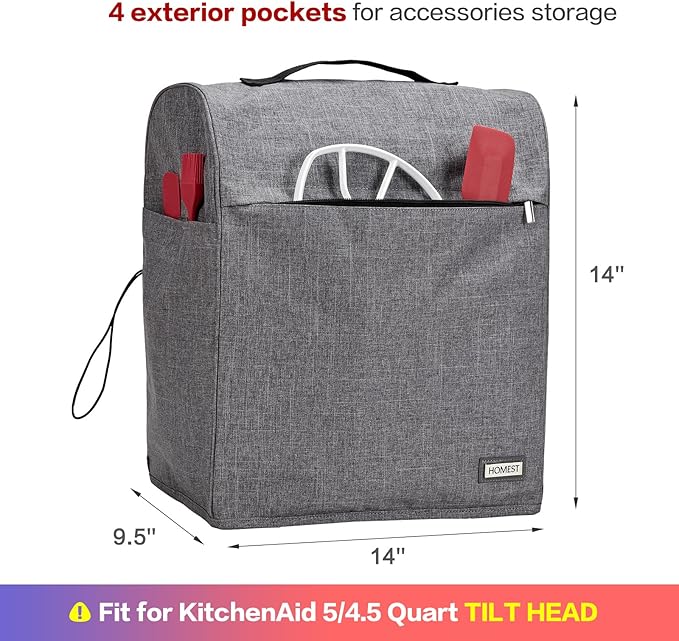 HOMEST Stand Mixer Dust Cover Compatible with KitchenAid 5/4.5 Quart Bowl Lift, Zipper Pocket for Various Kitchen Appliance Accessories, Grey (Patent Design)
