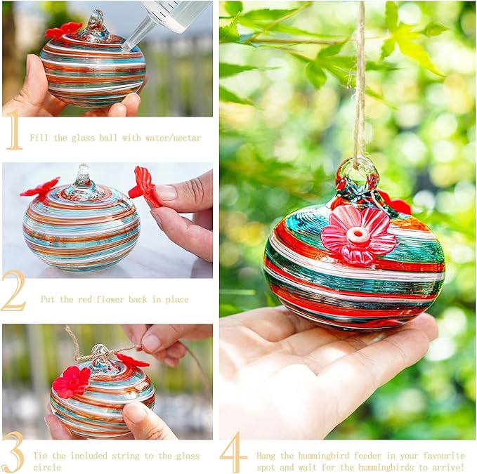Small Glass Hummingbird Feeders for Outdoors 3in Hanging Blown Glass Ball Humming Birds Feeder with 2 Feeding Ports for Outside Garden Patio Decor for Window