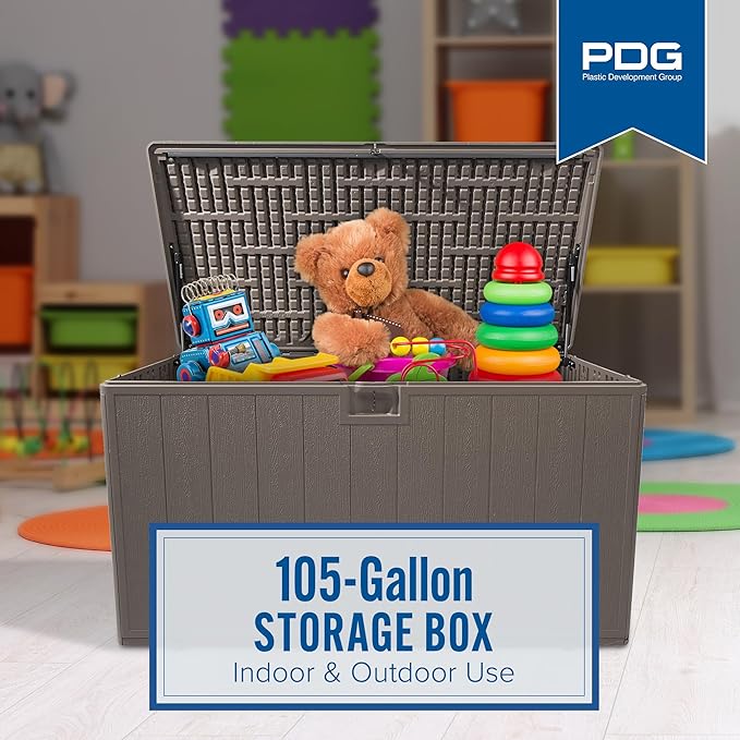 Plastic Development Group Outdoor Storage Deck Box, Soft Closure, 105 Gallon, Java