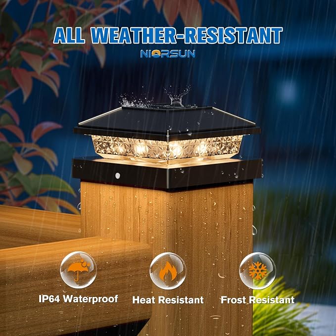 NIORSUN Solar Post Lights Outdoor, Fence Post Solar Lights Warm White, Waterproof, Garden Patio Fence Deck Decor, 4x4 Posts Cap Wood Vinyl, Black 8 Pack