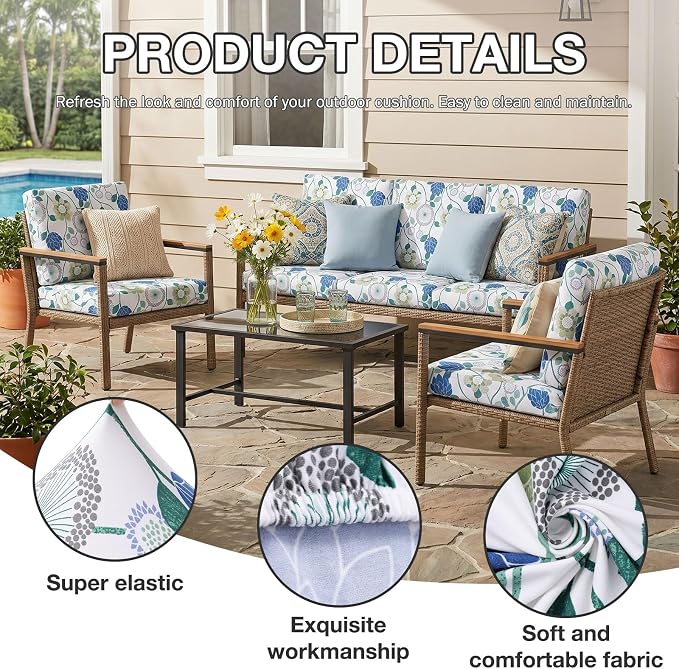hyha 12Pcs Patio Cushion Covers, Stretch Outdoor Couch Cushion Covers, Washable Outdoor Chair/Sofa Slipcovers for Patio Furniture Cushions Protector with Elastic Bottom(Botanical Bloom,Cover Only)