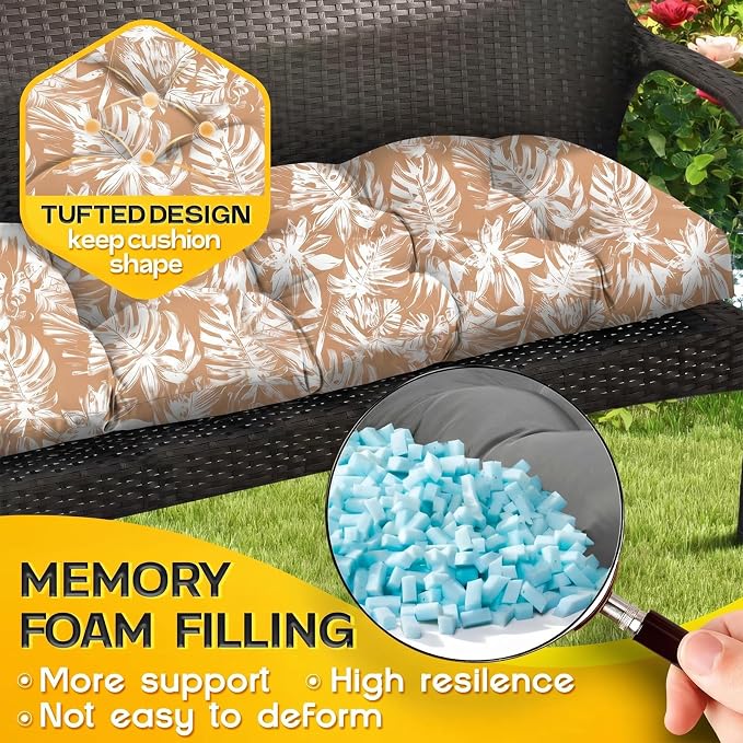 MAGIC ELEPHANT Outdoor Bench Cushion, Memory Foam Loveseat Cushion for Patio Furniture Wicker Chair, Settee Porch Swing Seat Cushion, 44 x 19 Inches (Rust Orange Monstera)