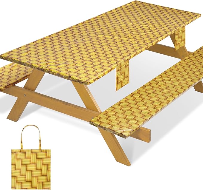 Fitted Picnic Table Cover with Chair Covers Elastic Water Resistant Camping Tablecloth for 6 Foot Rectangle Tables Garden Patio Outdoor Organization Road Trip Hiking Motorhome Essential Gift