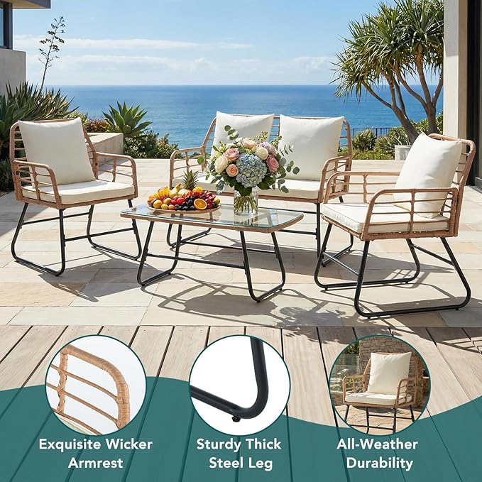 DUMOS Outdoor 4 Piece Patio Furniture Set, Wicker Patio Set with Thick Sandwich Structure Cushions, Deep Seating All-Weather Rattan Sofa and Functional Glass Table for Porch, Lawn, Brown