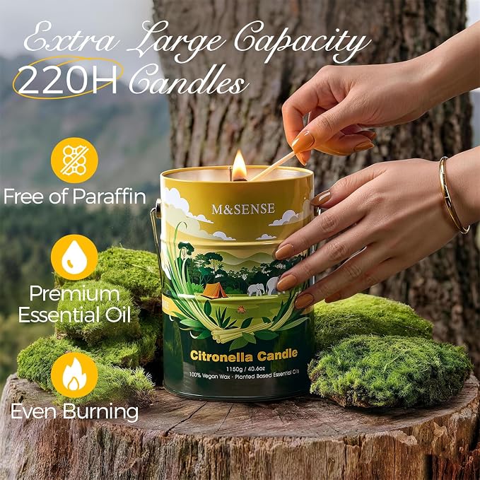 M&SENSE Peppermint Citronella Candles Outdoor – 220 Hour Burn, 40.6oz Extra Large, Natural Non-Toxic Soy Wax, Outdoor & Indoor Use for Patio, Camping, Home