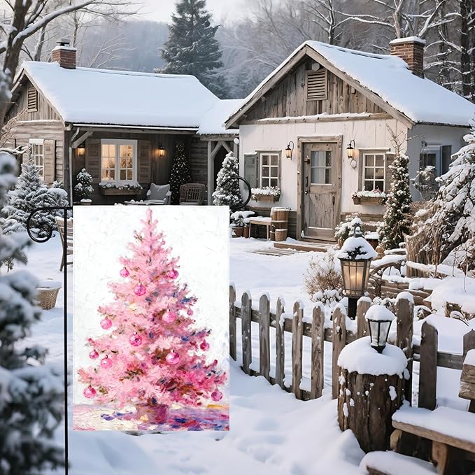 Christmas Garden Flag 12x18 Inch Pastel Pink Xmas Tree Ball Winter Holiday Decorative Yard Flags for Outside Double Sided Seasonal Outdoor Home Farmhouse Decoration Porch New Year Decor