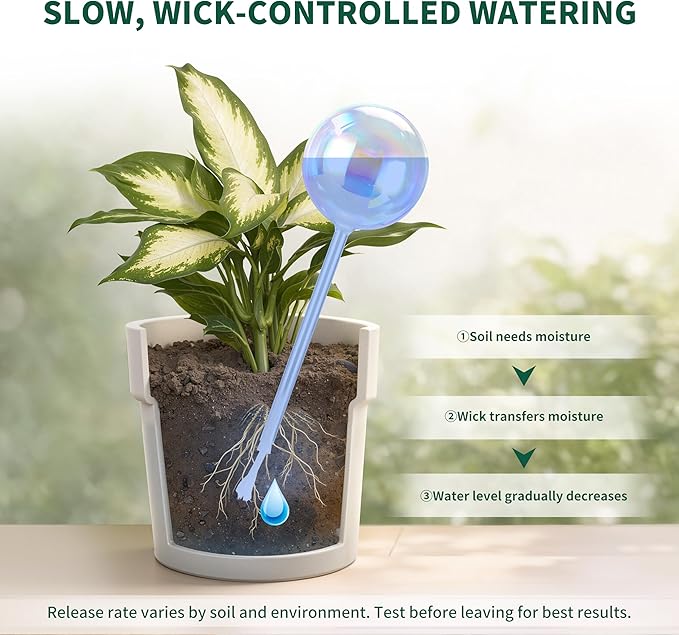 Soilagua 13 oz Extra Large Wick-Controlled Plant Watering Globes, Self Watering Globes for Everyday and Vacation Use, Iridescent Glass Water Bulbs, Automatic Plant Waterer, 4 Pack