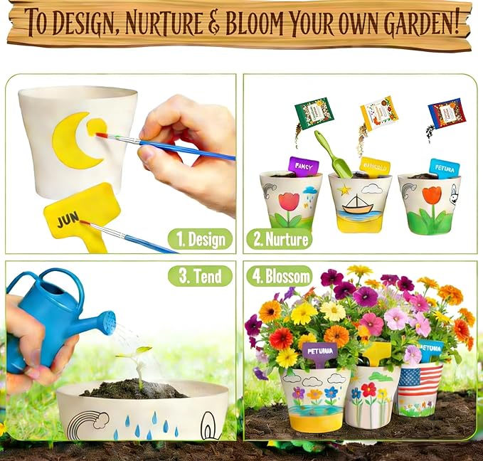 Paint & Plant Flower Growing Gardening Kit with 3 Pots for Kidz - Gardening Tools Set Easter Gifts for Girlz & Boyz Agez 5, 6, 7, 8, 9, 10, 11 & 12 Yearz Old Girlz