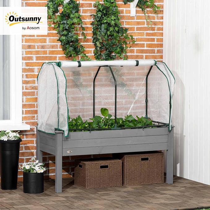 Outsunny Raised Garden Bed with PE Greenhouse Cover Outdoor Elevated Wood Planter Box for Herbs and Vegetables, Use for Patio, Backyard, Balcony, 48 x 22 x 46 inch, Dark Gray