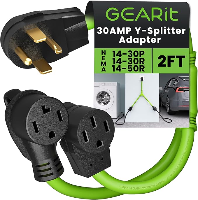 GEARit 30A 4-Prong Power Splitter - ETL Listed - NEMA 14-30P to Dual 14-30R & 14-50R Heavy Duty Dryer & EV Adapter for Electric Vehicles and Laundry