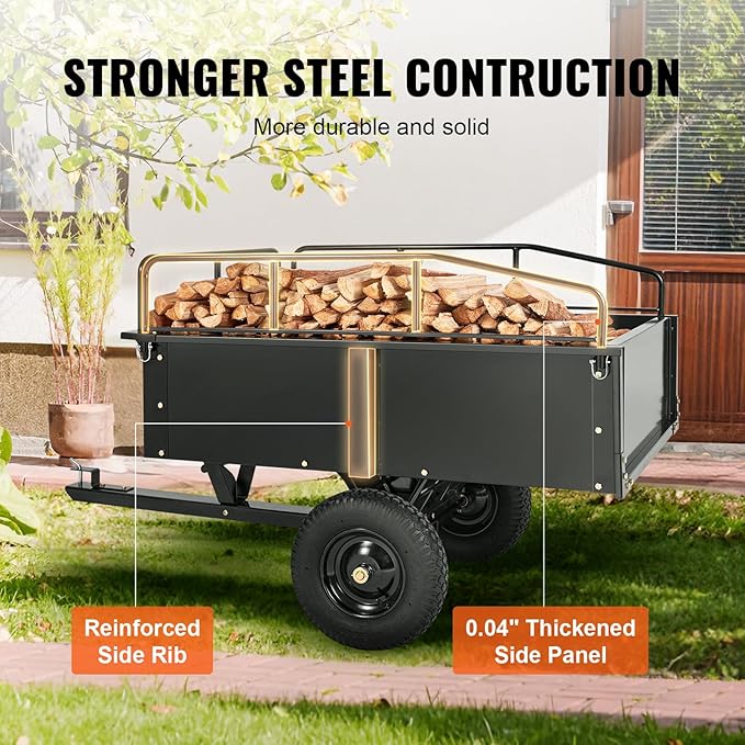 VEVOR Heavy Duty ATV Trailer Steel Dump Cart, 750 lbs 15 Cubic Feet, Garden Utility Trailer Yard Trailers with Removable Sides for Riding Lawn Mower Tractor
